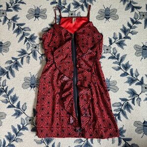 Red and Black Zippered Ruffle Dress